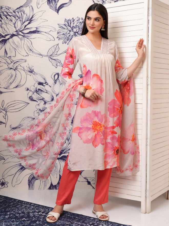 Vishudh Women Peach Printed Kurta With Trouser And Dupatta - Peach - Image 1