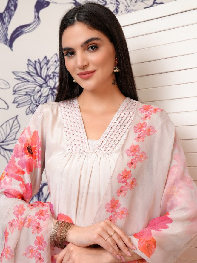 Vishudh Women Peach Printed Kurta With Trouser And Dupatta - Peach - Image 2