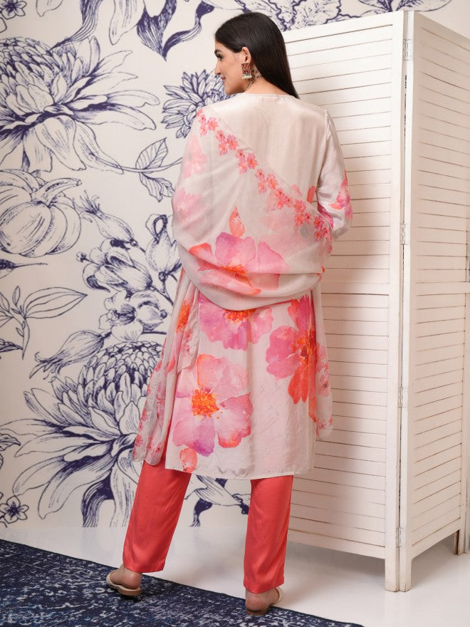 Vishudh Women Peach Printed Kurta With Trouser And Dupatta - Peach - Image 3