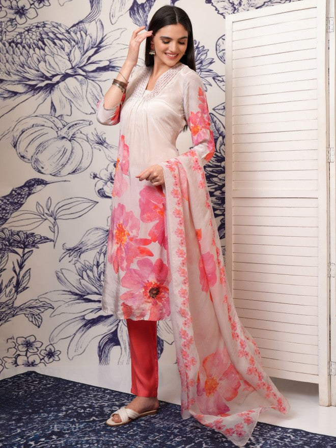 Vishudh Women Peach Printed Kurta With Trouser And Dupatta - Peach - Image 4