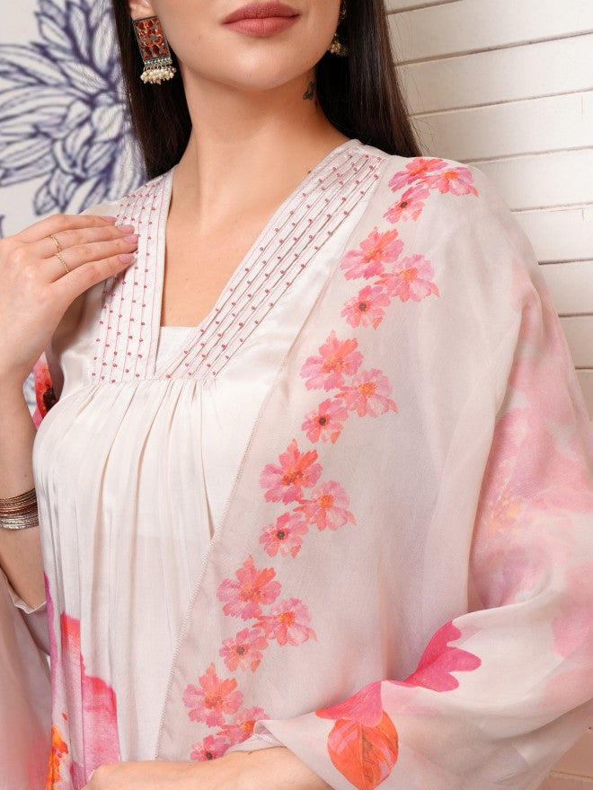 Vishudh Women Peach Printed Kurta With Trouser And Dupatta - Peach - Image 5