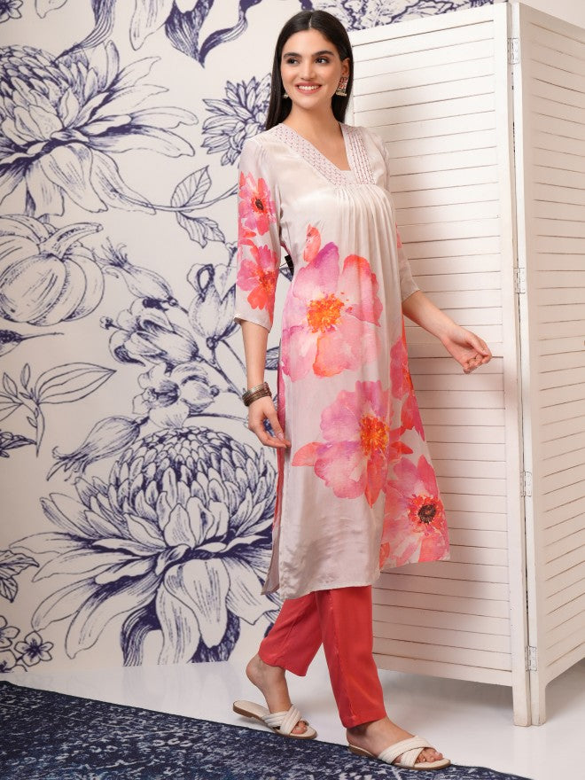 Vishudh Women Peach Printed Kurta With Trouser And Dupatta - Peach - Image 6