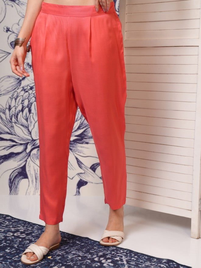 Vishudh Women Peach Printed Kurta With Trouser And Dupatta - Peach - Image 8