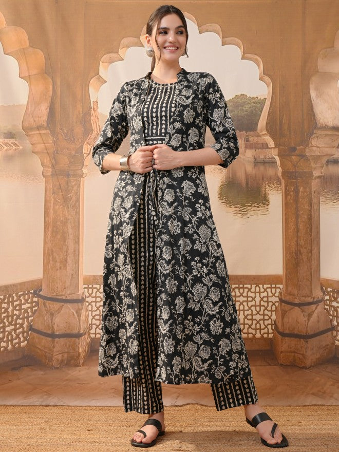 Vishudh Women Black Printed Kurta With Trousers - Black - Image 1