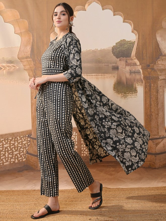 Vishudh Women Black Printed Kurta With Trousers - Black - Image 2