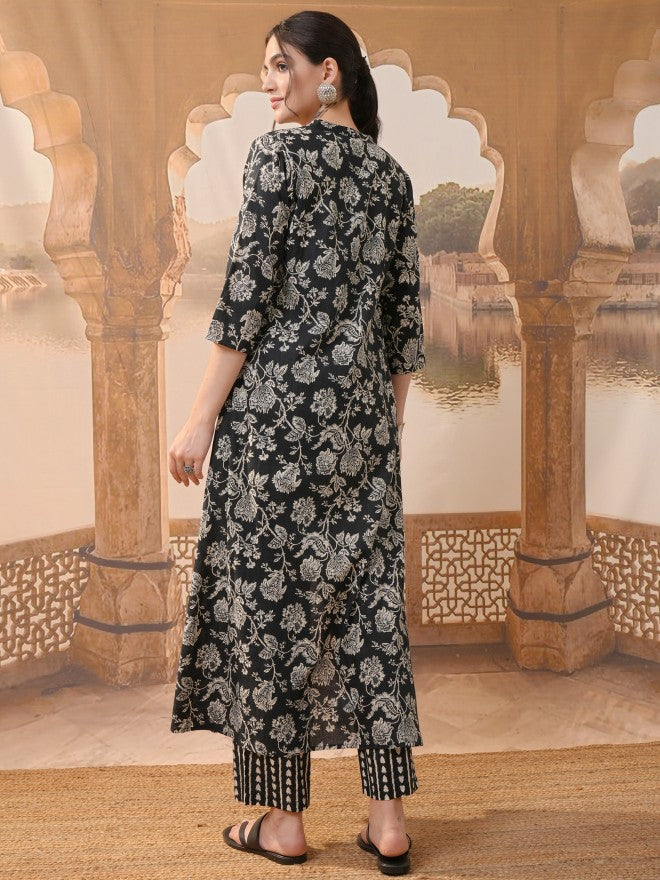 Vishudh Women Black Printed Kurta With Trousers - Black - Image 3