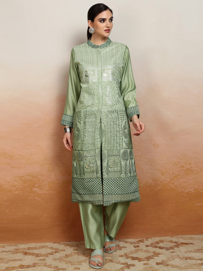 Vishudh Women Green Embroidered Kurta With Trouser - Green - Image 1