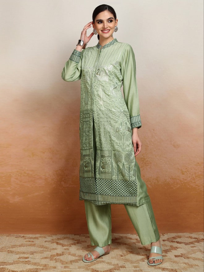 Vishudh Women Green Embroidered Kurta With Trouser - Green - Image 4