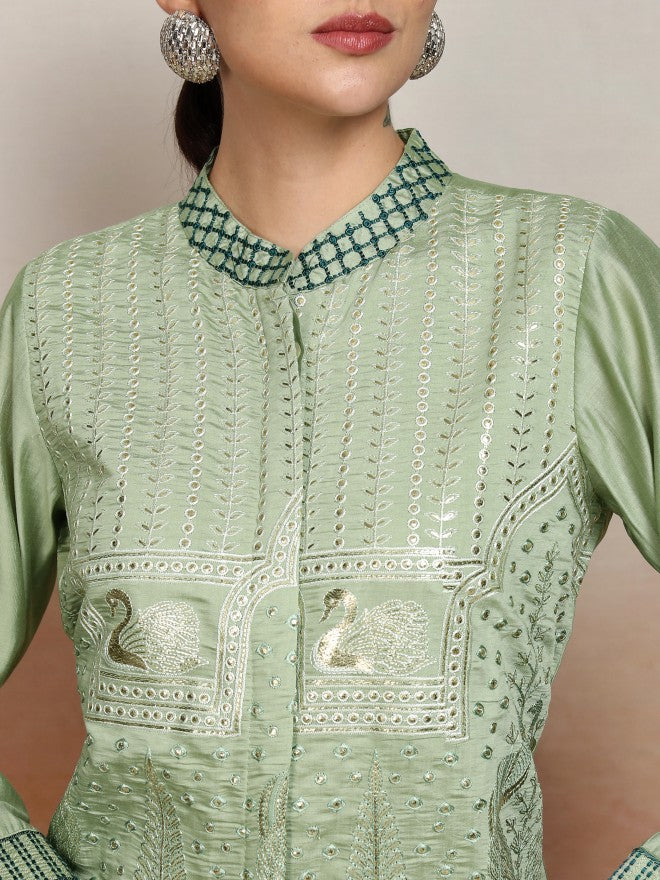 Vishudh Women Green Embroidered Kurta With Trouser - Green - Image 5