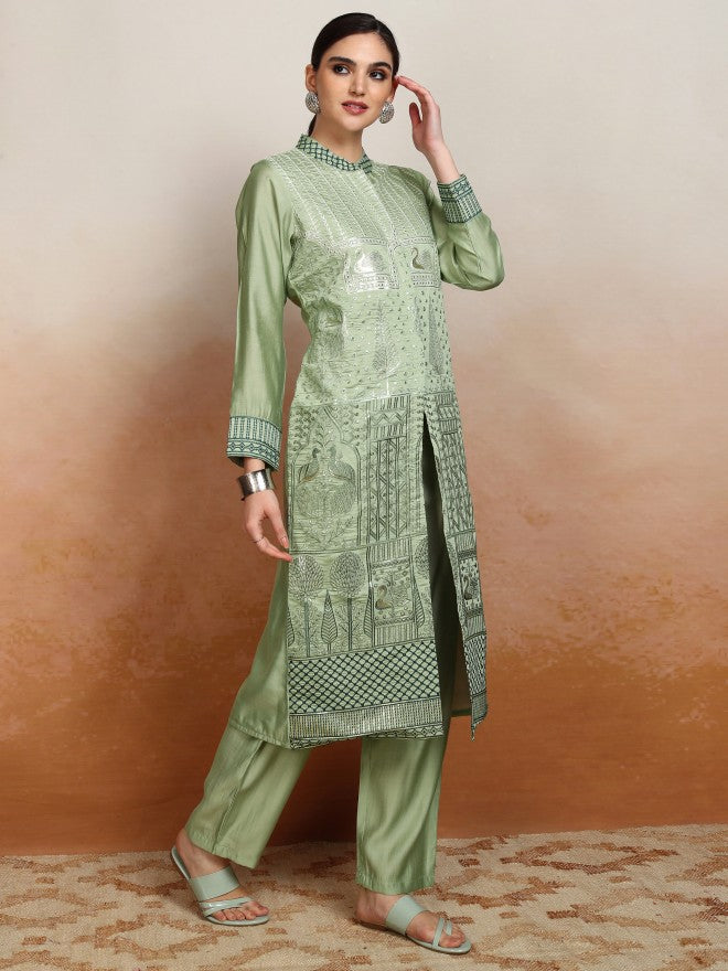 Vishudh Women Green Embroidered Kurta With Trouser - Green - Image 6