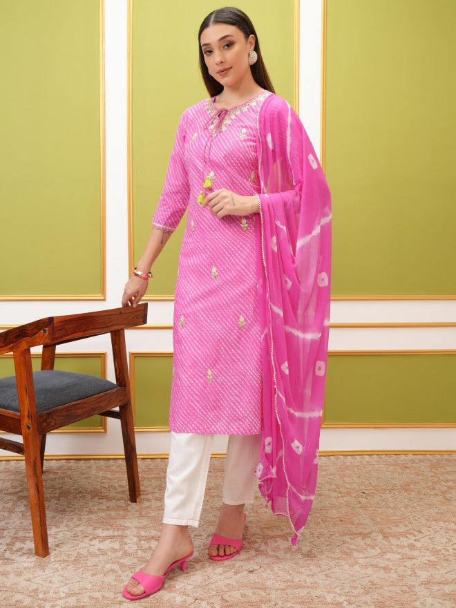 Vishudh Women Pink Embroidered Kurta With Trouser And Dupatta - Pink - Image 2
