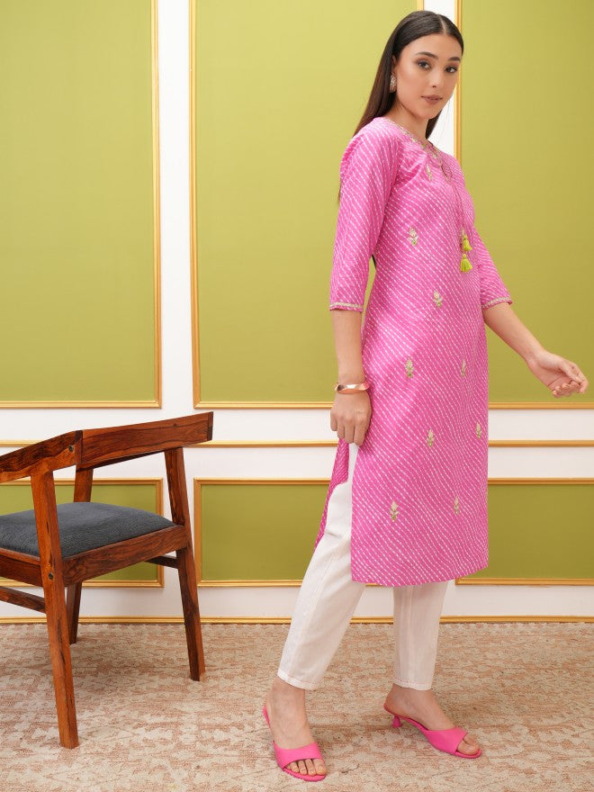 Vishudh Women Pink Embroidered Kurta With Trouser And Dupatta - Pink - Image 4