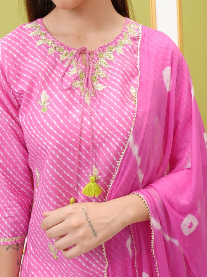 Vishudh Women Pink Embroidered Kurta With Trouser And Dupatta - Pink - Image 5