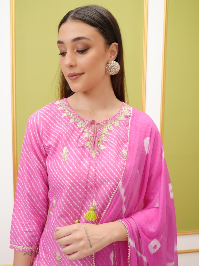 Vishudh Women Pink Embroidered Kurta With Trouser And Dupatta - Pink - Image 8