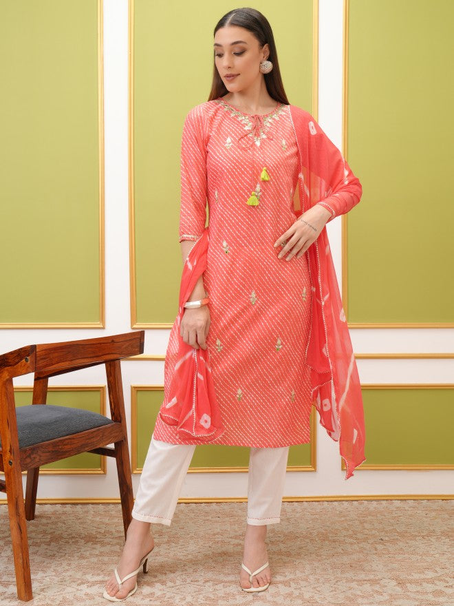 Vishudh Women Red Embroidered Kurta With Trouser And Dupatta - Red - Image 1