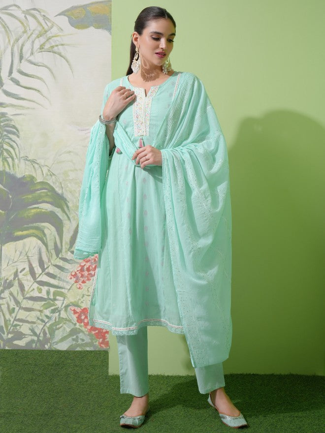 Vishudh Women Green Embroidered Kurta With Trouser And Dupatta - Green - Image 1