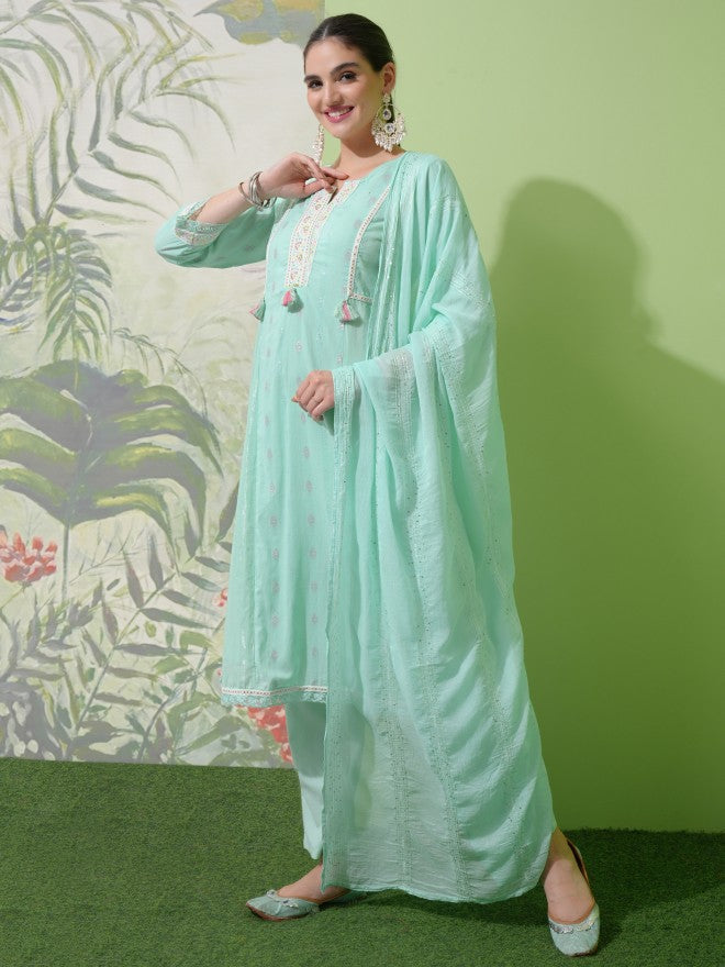 Vishudh Women Green Embroidered Kurta With Trouser And Dupatta - Green - Image 2