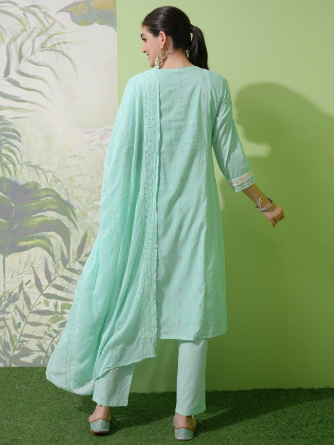 Vishudh Women Green Embroidered Kurta With Trouser And Dupatta - Green - Image 3