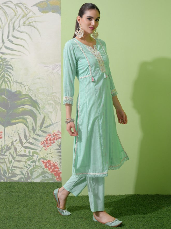 Vishudh Women Green Embroidered Kurta With Trouser And Dupatta - Green - Image 4