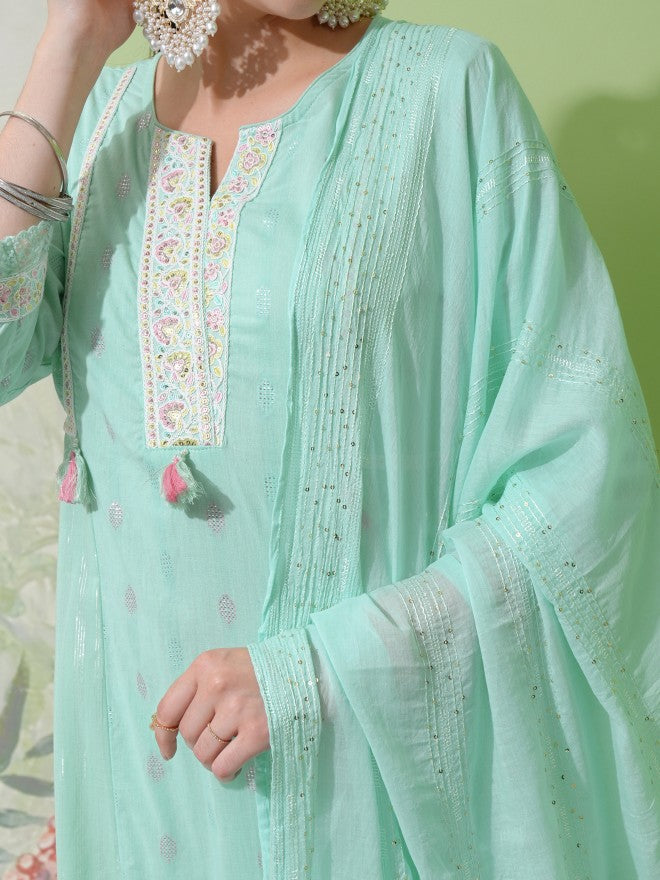 Vishudh Women Green Embroidered Kurta With Trouser And Dupatta - Green - Image 5