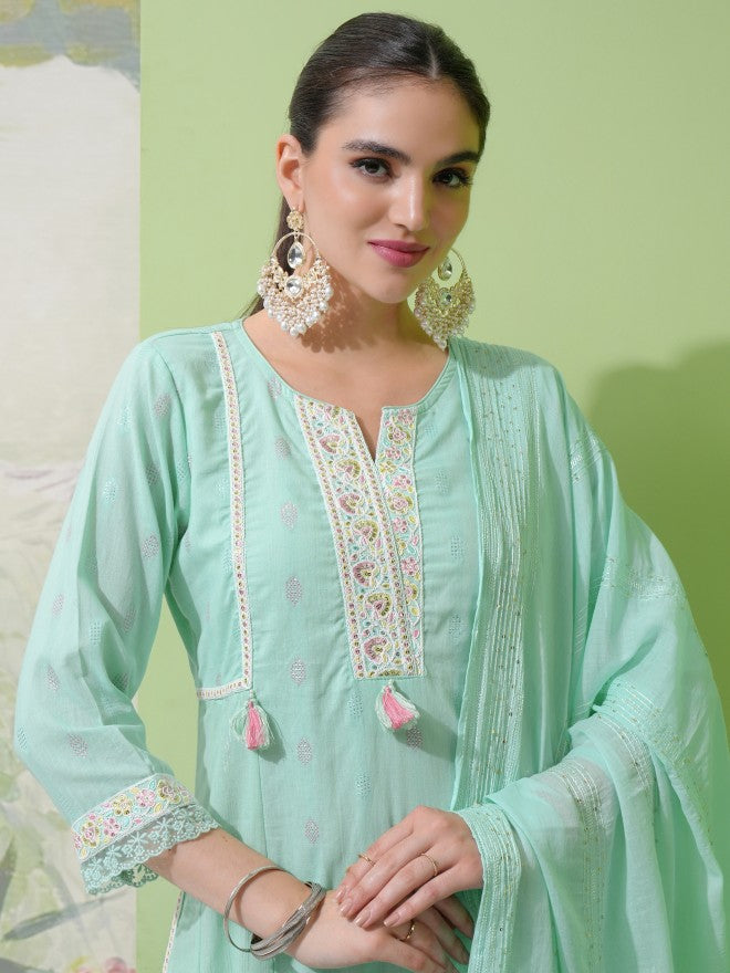Vishudh Women Green Embroidered Kurta With Trouser And Dupatta - Green - Image 8