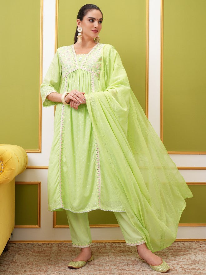 Vishudh Women Green Embroidered Kurta With Trouser And Dupatta - Green - Image 1