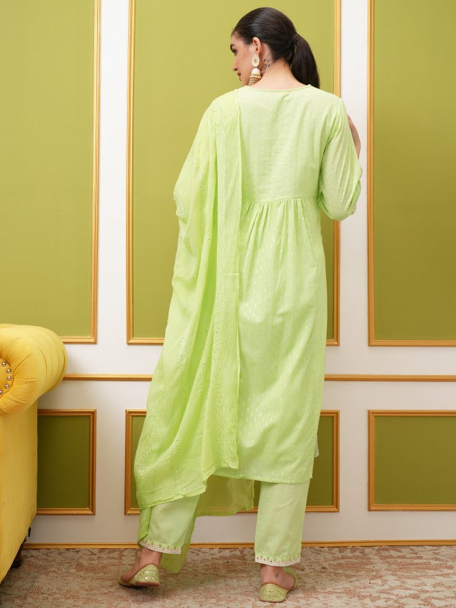 Vishudh Women Green Embroidered Kurta With Trouser And Dupatta - Green - Image 3