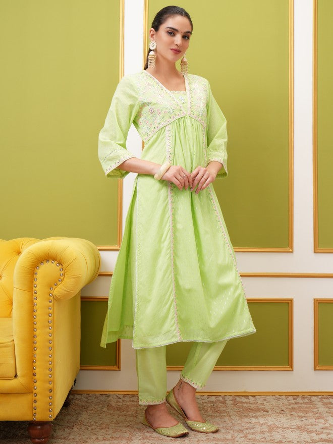 Vishudh Women Green Embroidered Kurta With Trouser And Dupatta - Green - Image 4