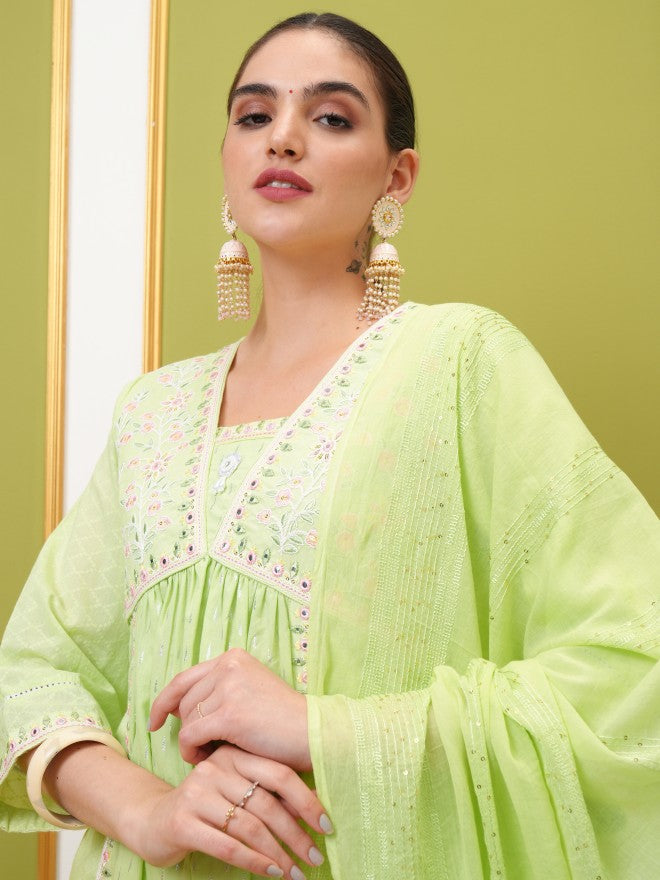 Vishudh Women Green Embroidered Kurta With Trouser And Dupatta - Green - Image 8