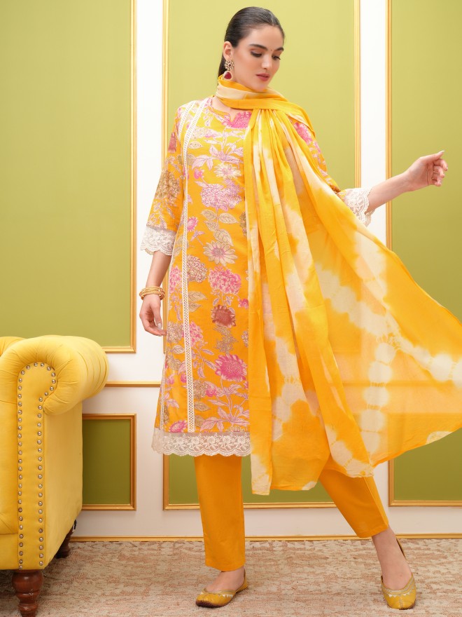 Vishudh Women Yellow Printed Kurta With Trouser And Dupatta - Yellow - Image 1