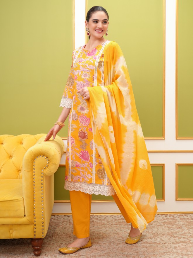 Vishudh Women Yellow Printed Kurta With Trouser And Dupatta - Yellow - Image 2