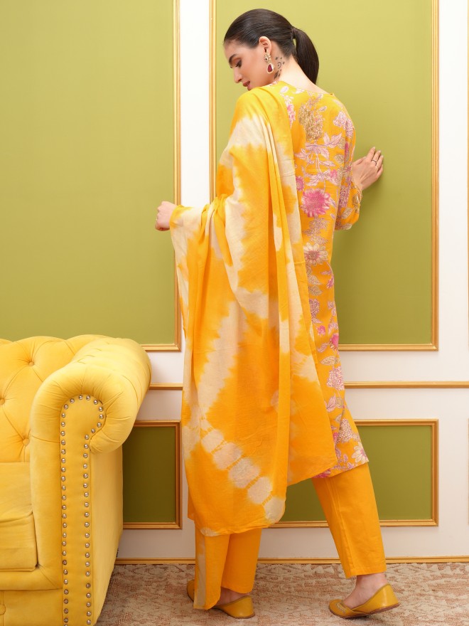 Vishudh Women Yellow Printed Kurta With Trouser And Dupatta - Yellow - Image 3
