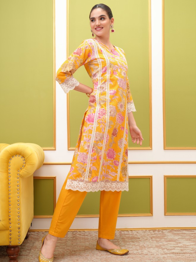 Vishudh Women Yellow Printed Kurta With Trouser And Dupatta - Yellow - Image 4