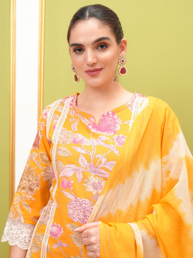 Vishudh Women Yellow Printed Kurta With Trouser And Dupatta - Yellow - Image 8