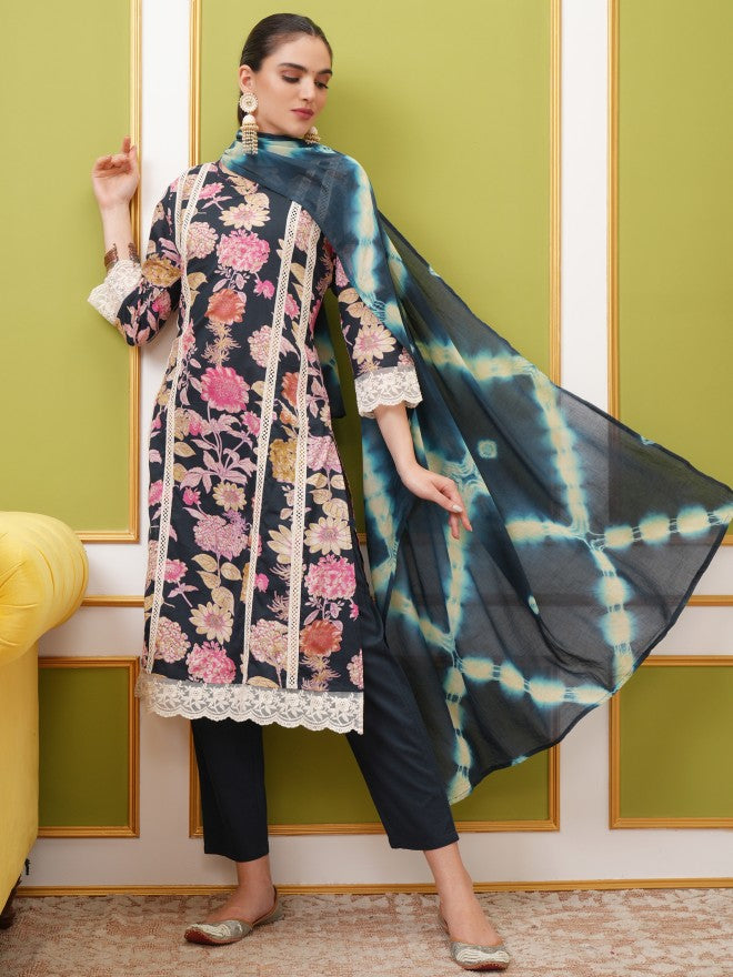 Vishudh Women Navy Blue Kurta With Trouser And Dupatta - Navy Blue - Image 1