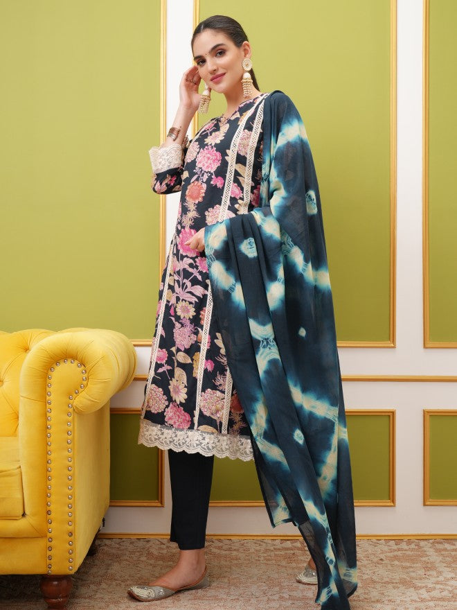 Vishudh Women Navy Blue Kurta With Trouser And Dupatta - Navy Blue - Image 2