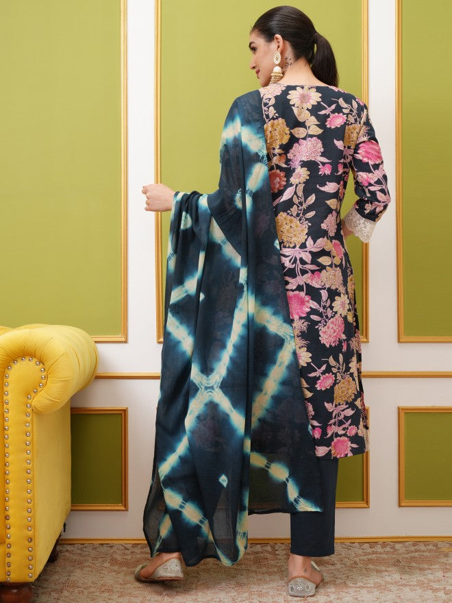 Vishudh Women Navy Blue Kurta With Trouser And Dupatta - Navy Blue - Image 3