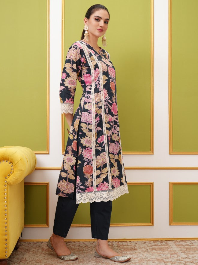 Vishudh Women Navy Blue Kurta With Trouser And Dupatta - Navy Blue - Image 4