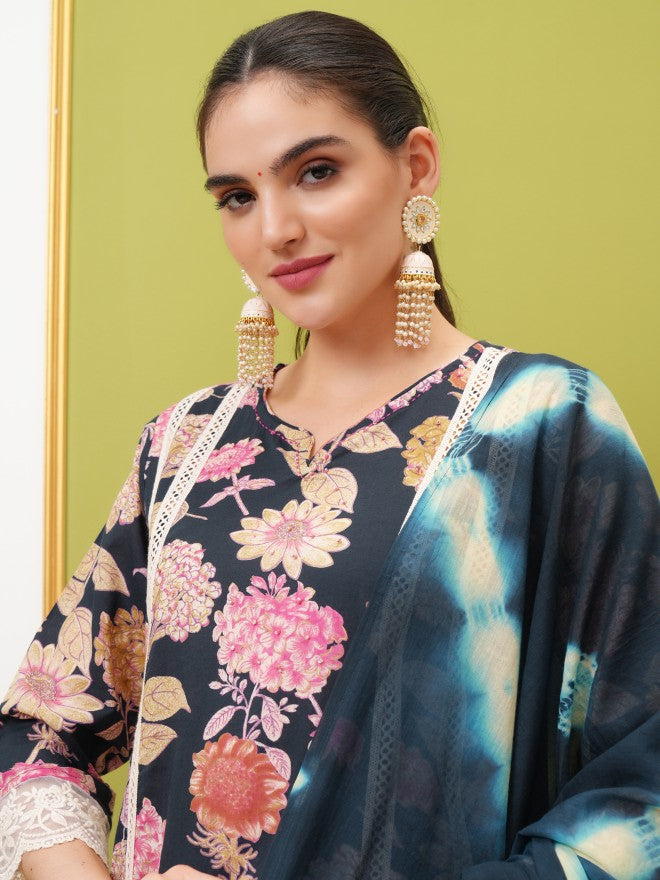 Vishudh Women Navy Blue Kurta With Trouser And Dupatta - Navy Blue - Image 8