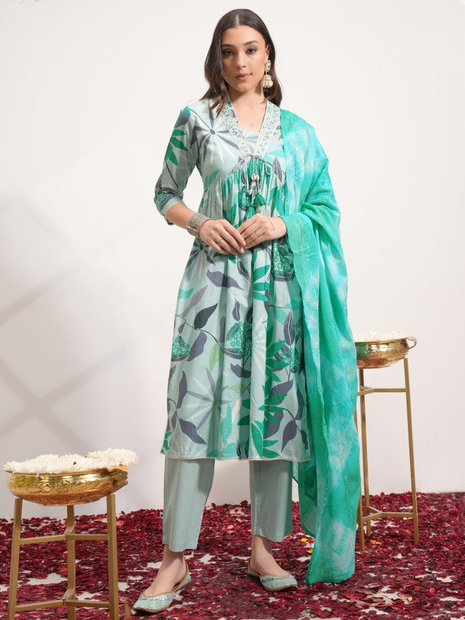 Vishudh Women Green Printed Kurta With Trouser And Dupatta - Green - Image 1