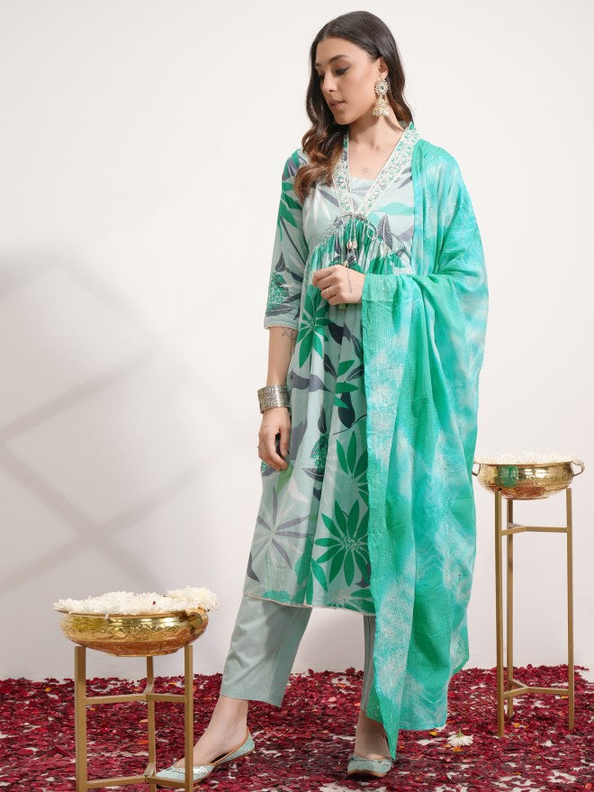 Vishudh Women Green Printed Kurta With Trouser And Dupatta - Green - Image 2