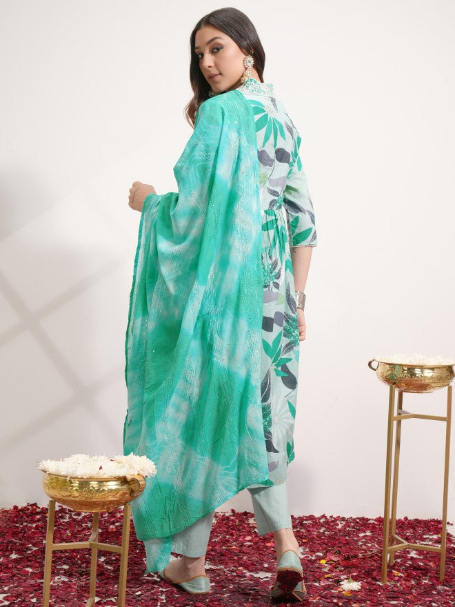 Vishudh Women Green Printed Kurta With Trouser And Dupatta - Green - Image 3