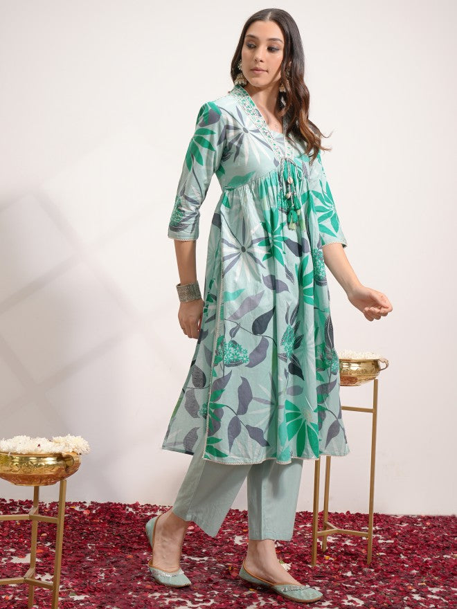 Vishudh Women Green Printed Kurta With Trouser And Dupatta - Green - Image 4