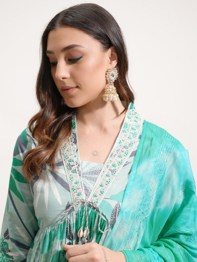 Vishudh Women Green Printed Kurta With Trouser And Dupatta - Green - Image 8