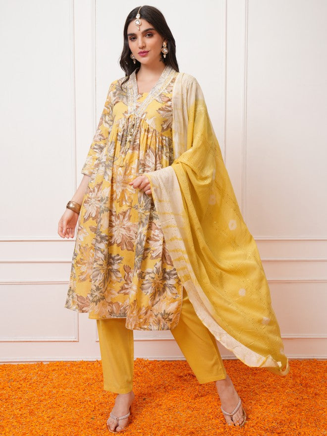 Vishudh Women Yellow Printed Kurta With Trouser And Dupatta - Yellow - Image 1