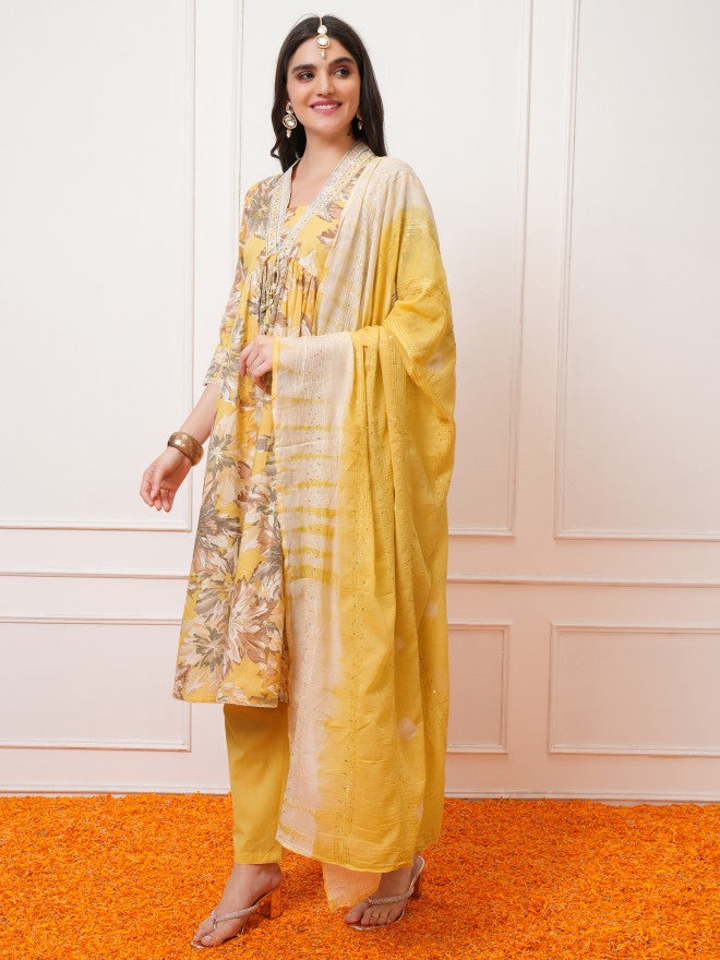 Vishudh Women Yellow Printed Kurta With Trouser And Dupatta - Yellow - Image 2