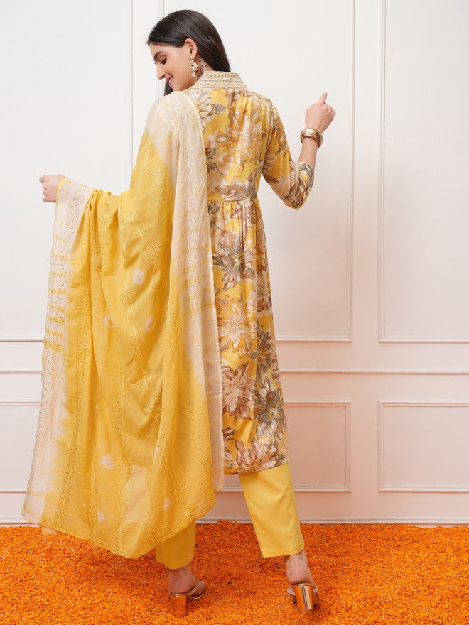 Vishudh Women Yellow Printed Kurta With Trouser And Dupatta - Yellow - Image 3