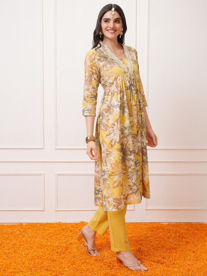 Vishudh Women Yellow Printed Kurta With Trouser And Dupatta - Yellow - Image 4