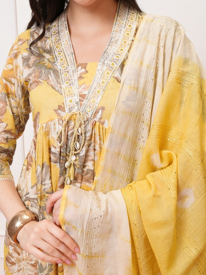 Vishudh Women Yellow Printed Kurta With Trouser And Dupatta - Yellow - Image 5