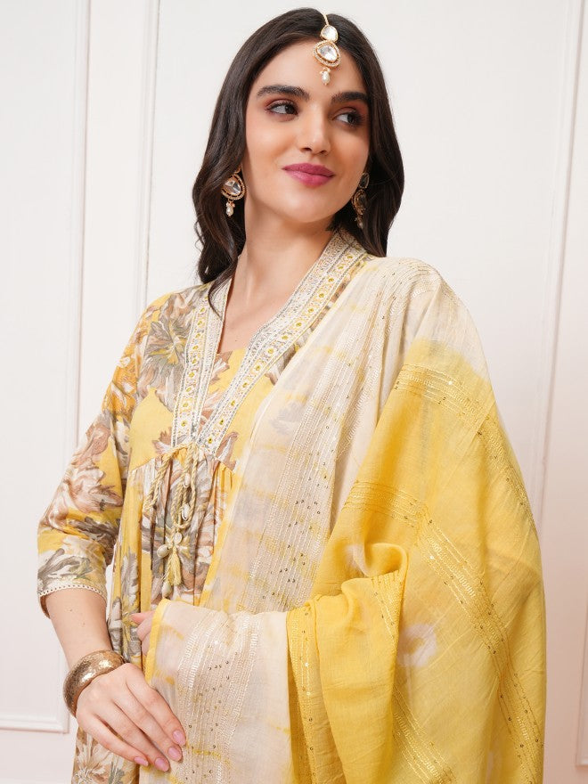 Vishudh Women Yellow Printed Kurta With Trouser And Dupatta - Yellow - Image 8